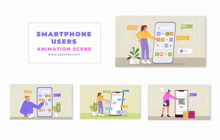 Smartphone Users Flat Character Design Animation Scene